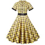 Jueshanzj Kadın Elbiseleri Dik Yaka Kısa Kollu Ekose Kısa Kollu Kemer, Yellow, XL
