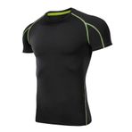 Jueshanzj Yaz fitness kısa kollu erkek çabuk kuruyan kumaş nefes alabilen fitness ter emici koşu yuvarlak boyun yarım kollu tişört, Siyah Floresan Yeşil Çizgi, 3XL
