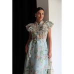 Julidress Kolları Fırfırlı Düğme Detaylı KUŞAKLI Maxi Uzun Boy Premium Elbise
