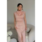 Julidress Pembe Şeftali Bluz ve Düğme Detaylı Uzun Maxi Etekli Premium Saten Takım