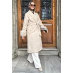 Julude Bel Kuşaklı Kol Ucu Peluş Detaylı Tesettür Kaşe Kaban P-00019056 - Açık Mavi - Ekru - 40