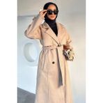 Julude Çift Cepli Bel Kuşak Detaylı Tesettür Kaşe Kaban P-00018940 - Taş - 46