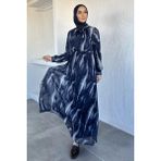 Julude Desenli Bel Lastikli Şifon Tesettür Elbise P-00020605 - Lacivert - 42