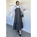 Julude Gülseli Boydan Düğmeli Bağlama Detaylı Garnili Tesettür Elbise P-00020677 - Antrasit - 44