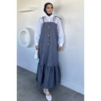 Julude Gülseli Boydan Düğmeli Bağlama Detaylı Garnili Tesettür Elbise P-00020677 - Lacivert - 44