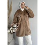 Julude Gülseli Kadın Kapüşonlu Tesettür Peluş Mont P-00019080 - Bisküvi - XL