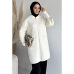 Julude Gülseli Kapüşonlu Çift Cepli Ön Fermuarlı Tesettür Triko Hırka P-00019031 - Krem - Standart