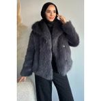 Julude Iç Astarlı Çift Cepli Kürklü Tesettür Mont P-00019456 - Koyu Gri - 38