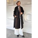 Julude Kendinden Desenli Bel Kuşaklı Tesettür Kaban P-00019458 - Siyah - 44