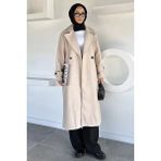 Julude Kruvaze Yaka Çift Cepli Tesettür Kaşe Kaban P-00019463 - Bej - 42