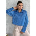 Julude Mavi Çift Cepli Taşlı Kadın Saten Gömlek P-00011645 - XL