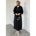 Julude Puane Polo Yaka Ön Yarım Fermuarlı Tesettür Elbise P-00020577 - Siyah - 36
