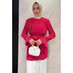 Julude Yaka Gül Detaylı Piliseli Kol Lastikli Tesettür Tunik P-00015653 - M - Fuşya