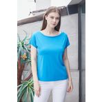 JUMENT Kadın Kayık Yaka Düşük Omuzlu Kırışmaz Span Karışımlı Şık T-shirt Bluz-Mavi
