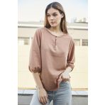 JUMENT Kadın Keten Geniş Sıfır Yaka Yakası Düğmeli Kolları Lastikli Bluz -Camel