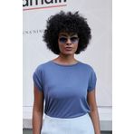 Jument Kadın Modal Penye Geniş Sıfır Yaka Düşük Omuzlu Apoletli Kısa Kol T-shirt Bluz-İndigo