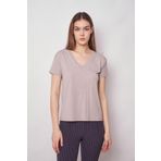 JUMENT Kadın V Yaka Kısa Kol Likralı Kumaş Şık T-shirt Bluz-Gri
