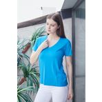 JUMENT Kadın V Yaka Kısa Kol Likralı Span Kumaş Şık T-shirt Bluz-Mavi