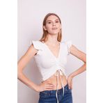 JUMENT Önü Büzgülü Kolu Volanlı Likralı Parlak Kumaş Crop Body-Krem