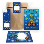 Junapack 12 davetiye kartı 5. çocuk doğum günü beşinci doğum günü erkek canavar kamyon araba 12 zarf, 12 poşet/doğal, 12 çıkartma