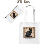junobi Bez Çanta + Kalemlik - Kedi Desenli Set (Black Cat Energy) - 2'li Avantaj Seti