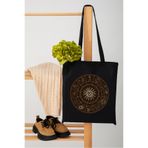 junobi Siyah Ham Bez Çanta – Güneş ve Astroloji Sembollü Kumaş Çanta – Boho Tarz – 35x40 cm