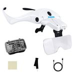 JUOIFIP 4 LED ışıklı büyüteç, kafa bandı büyüteci 5 çıkarılabilir lensli, 1 x, 1,5 x, 2 x, 2,5 x, 3,5 x – şarj edilebilir, eller serbest aydınlatmalı kafa büyüteci el sanatları, kanaviçe, hobi için