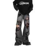 jupkem Baggy Jeans Y2k Yırtık Kot Erkekler Goth Geniş Bacak Moda Sıkıntılı Kot Hiphop Grunge Pantolon Harajuku Streetwear, Siyah, M