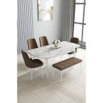Jusie Beyaz Mermer Desen 80X132 Açılabilir Yemek Odası Takımı 4 Sandalye, 1 Bench - Kahverengi