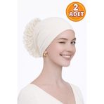 Jusmart 2 Adet Ekru Pamuklu Dikişli Fırfırlı Topuz Bonesi ◆ Kaymayan Yapı ◆ Nefes Alabilen Kumaş ◆Tesettür