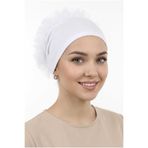 Jusmart Beyaz Pamuklu Önü Dikişli Fırfırlı Topuz Bonesi ◆ Nefes Alabilen Kumaş ◆ Tesettür