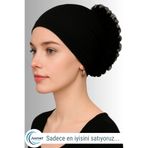 Jusmart Siyah ◇ Pamuklu Fırfırlı Bone ◇ Silikonlu Kaymayan Dikişsiz Topuz Bonesi ◇ Günlük Pratik Şık Tesettür