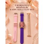 Just Cheap Store 3 Kordonlu Rose Gold Kasalı Kadın Akıllı Saat Seti - Ahşap - Bej - 37 mm - 0