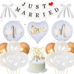 Just Married dekorasyon düğün dekorasyon kiti - 30 adet düğün dekorasyon malzemeleri Just Married afiş, gelin ve damat figürleri, folyo balon, kurdele, yuvarlak balon, sicil dairesi, nişan, düğün