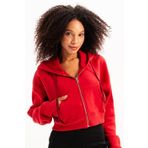 JUSTEVER Crop Kapüşonlu Fermuarlı Kanguru Cepli Şardonlu Hoodie Siyah Kadın Sweatshirt - Lumen, Kırmızı, M