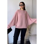 Juuuj Kadın Pudra Airobin Yarasa Duble Kol Salaş Bluz Ekstra Oversize Yuvarlak Yaka - Tesettüre Uygun