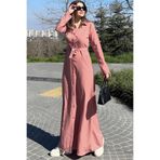 Juuuj Kadın Pudra Kupra Kumaş, Uzun Kol, Beli Kuşaklı, Vucüda Oturan Kalıp, Uzun Gömlek Elbise