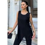 Juuuj Kadın Siyah İnci Detaylı Sıfır Kol Şifon Tunik Bluz