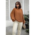 Juuuj Kadın Taba Airobin Yarasa Duble Kol Salaş Bluz Ekstra Oversize Yuvarlak Yaka - Tesettüre Uygun