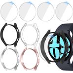 Jvchengxi Samsung Galaxy Watch 6 için 4+4 Paket Kılıf 40 mm 44 mm, Sert PC Tampon Kapağı + Galaxy Watch 6 için Temperli Cam Ekran Koruyucu Filmler (44 mm, Siyah+Gümüş+Gül Altın+Şeffaf)