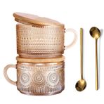 JVJRFQ Vintage Cam Kahve Kupaları 2'li Kehribar Seti, Bambu Kapaklı ve Kaşıklı Kabartmalı Çay Bardakları, 14 Oz Cam Kahvaltı Bardakları, Cappccino, Latte, Yoğurt, Tatlı, Kahvaltı, Anneler Günü