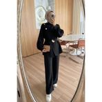 Ka Hijab Omuz Düğmeli Trenç Tesettür Takım - Siyah