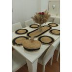 Kaan Home 6’lı Supla 1 Runner 1 Kapaklı Örgü Ekmek Sepeti Seti Bej Krem Desenli Sunumluk - 30 x 30 cm - Hasır - Siyah