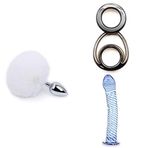Kabarık Tavşan Kuyruğu Anal Tıkaç Beyaz + Siyah Üçlü Penis Halkası + Cam Dildo Mavi Twister 19 cm