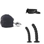 Kabarık Tavşan Kuyruğu Anal Tıkaç Siyah + Takmalı Dildo Kemeri Bacaklı + Vantuzlu Anal Boncuklar 2'li Set