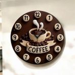 Kabartma Görünümlü Kahve Coffee Renkli Baskı Desenli Sayılı Hediyelik Ahşap Sessiz Duvar Saati 45CM