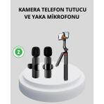 Kablosuz Çift Yaka Mikrofonu ve Tripodlu Selfie Çubuğu Içerik Üretici Seti - Çok Renkli