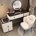 Kablosuz Şarj İstasyonlu Modern Makyaj Vanity Bluetooth Hoparlör LED Makyaj Aynası Masif Ahşap Çekmece ve Makyaj Araçları Aile Yatak Odası ve Soyunma Odası için İdeal Beyaz Güzellik İstasyonu