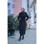 Kadeem Giyim Elzem Moskov Kaşe Kaban Kadın Siyah Düğmeli Kuşaklı Casual Stilde 126 cm - 44