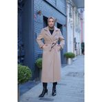 Kadeem Giyim Kadın Elzem Moskov Kaşe Kaban Bej Pamuk Polyester Kuşaklı Casual Stil -7006 - 48